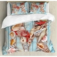 thumbnail image 1 of Letter M Queen Size Duvet Cover Set, Aquatic Inspirations with a Wooden Background Ocean Pale Colored, Decorative 3 Piece Bedding Set with 2 Pillow Shams, Pale Blue Ivory Dark Coral, by Ambesonne, 1 of 3