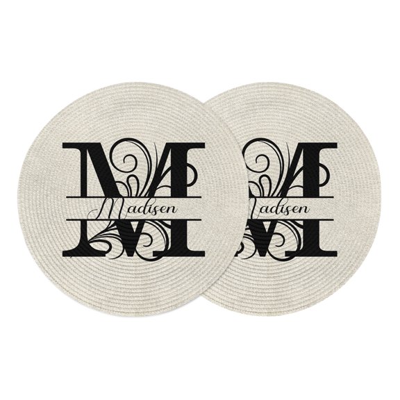 Letter M Round Placemats Set of 2, Braided Polypropylene Place Mats, Monogram Words Washable Table Mats for Kitchen Dinner Holiday Wedding Party Coffee Table Decoration 15"