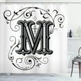 thumbnail image 1 of Letter M Shower Curtain, Abstract Ornamental Design in Dark Color Scheme Swirls and Lines Eastern, Cloth Fabric Bathroom Decor Set with Hooks,  Black Grey White, 1 of 4