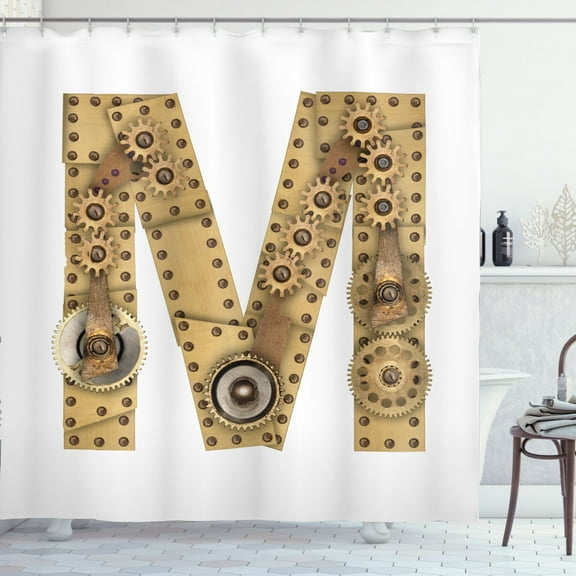 Letter M Shower Curtain, Steampunk Style Alphabet Industrial Mechanical Ornate, Fabric Bathroom Set with Hooks, 69W X 84L Inches Extra Long, Sand Brown Cocoa, by Ambesonne