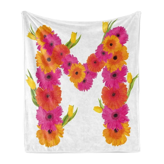 Letter M Soft Flannel Fleece Blanket, Pink and Orange Gerbera Flowers and Tulips in Full Blossom Fresh Spring, Cozy Plush for Indoor and Outdoor Use, 70" x 90", Hot Pink Orange Green, by Ambesonne