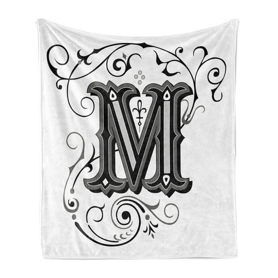 Letter M Soft Flannel Fleece Throw Blanket, Abstract Ornamental Design in Dark Color Scheme Swirls and Lines Eastern, Cozy Plush for Indoor and Outdoor Use, 50" x 70", Black Grey White, by Ambesonne