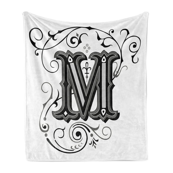 Letter M Soft Flannel Fleece Throw Blanket, Abstract Ornamental Design in Dark Color Scheme Swirls and Lines Eastern, Cozy Plush for Indoor and Outdoor Use, 60" x 80", Black Grey White, by Ambesonne