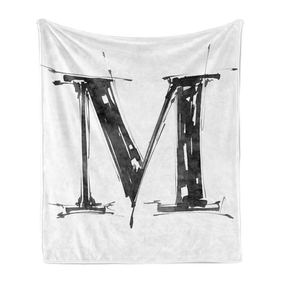Letter M Soft Flannel Fleece Throw Blanket, Alphabet in Sketchy Stencil Art Style Hand Drawn Effect Funky Calligraphy, Cozy Plush for Indoor and Outdoor Use, 50" x 60", Black White, by Ambesonne