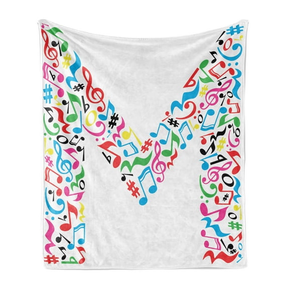 Letter M Soft Flannel Fleece Throw Blanket, Major and Minor Notes and Other Musical Elements in Uppercase M Design Alphabet, Cozy Plush for Indoor and Outdoor Use, 50" x 60", Multicolor, by Ambesonne