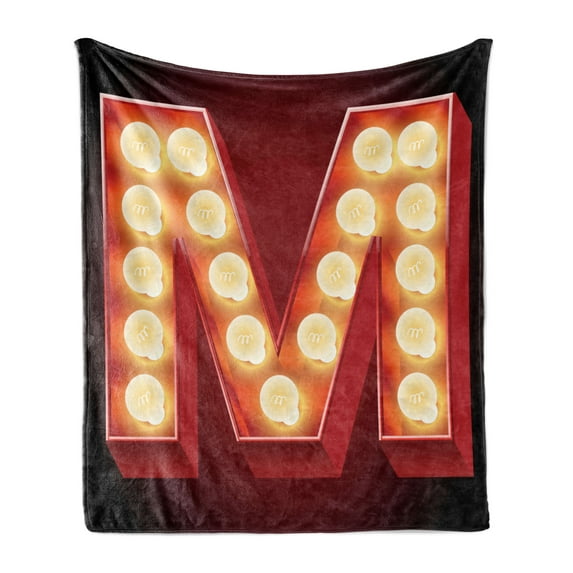 Letter M Soft Flannel Fleece Throw Blanket, Vintage Alphabet Group of Old Movie Theaters Casinos Retro Type, Cozy Plush for Indoor and Outdoor Use, 50" x 70", Vermilion Yellow Black, by Ambesonne