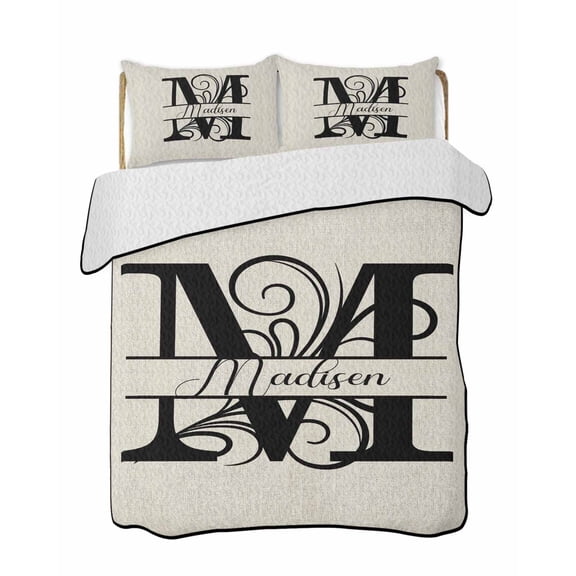 Letter M Summer Quilt Set Twin Size, Soft Microfiber Quilted Bedding Set with 2 Pillow Shams, Monogram Words Lightweight All Season Bedspread Coverlet for Bedroom 68"x86"
