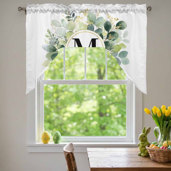 Letter M Swag Valances for Kitchen Window, Alphabet Green Eucalyptus Leaves Plant Simple Small Swag Valances Rod Pocket Curtain Drapes Window Treatment for Bedroom Bathroom, 56x36 Inch
