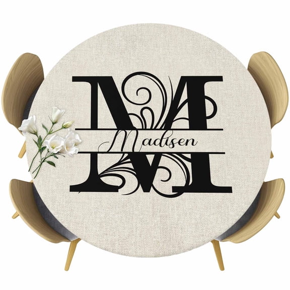 Letter M Table Cloth, Round Fitted Tablecloths with Elastic Edge, Monogram Words Wipeable Waterproof Table Cover for Kitchen Wedding 45-54 Inches