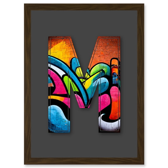Letter M Tagging Orange Blue Pink Decorative Graffiti Mural Alphabet Initial Stencil Artwork Framed Wall Art Print A4