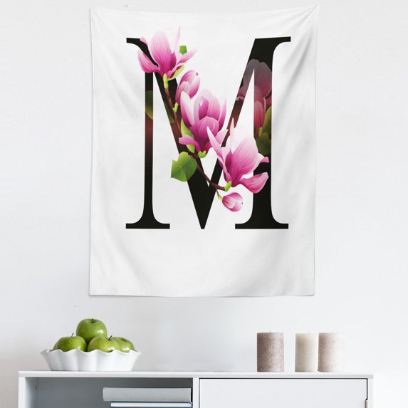 Letter M Tapestry, Magnolia Florets Dignity and Nobility Expressing Flowers in Alphabet Design, Fabric Wall Hanging Decor for Bedroom Living Room Dorm, 5 Sizes, Pink Green Black, by Ambesonne