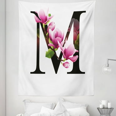 Letter M Tapestry, Magnolia Florets Dignity and Nobility Expressing Flowers in Alphabet Design, Fabric Wall Hanging Decor for Bedroom Living Room Dorm, 5 Sizes, Pink Green Black, by Ambesonne