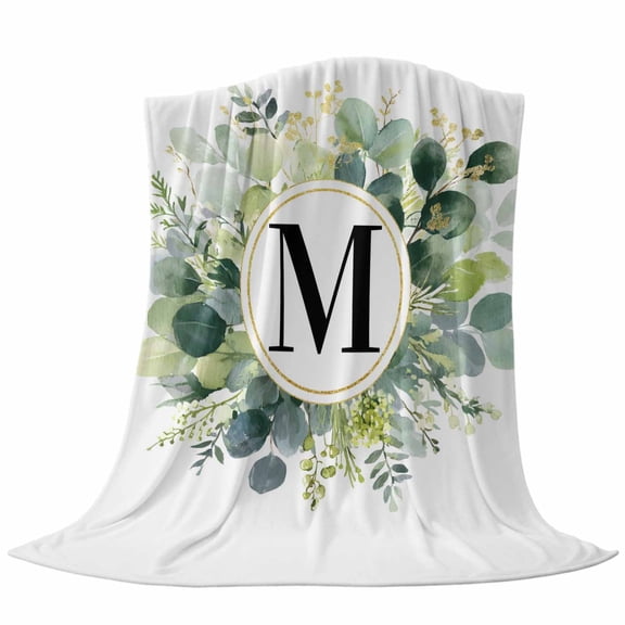Letter M Throw Flannel Blanket Alphabet Green Eucalyptus Leaves Plant Simple Super Soft Cozy Bed Blanket, Lightweight Plush Fuzzy Bed Throw for Bedroom Sofa Couch Living Room 30x40In,