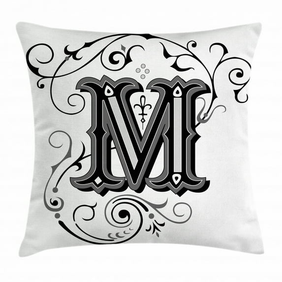 Letter M Throw Pillow Cushion Cover, Abstract Ornamental Design in Dark Color Scheme Swirls and Lines Eastern, Decorative Square Accent Pillow Case, 18 X 18 Inches, Black Grey White, by Ambesonne