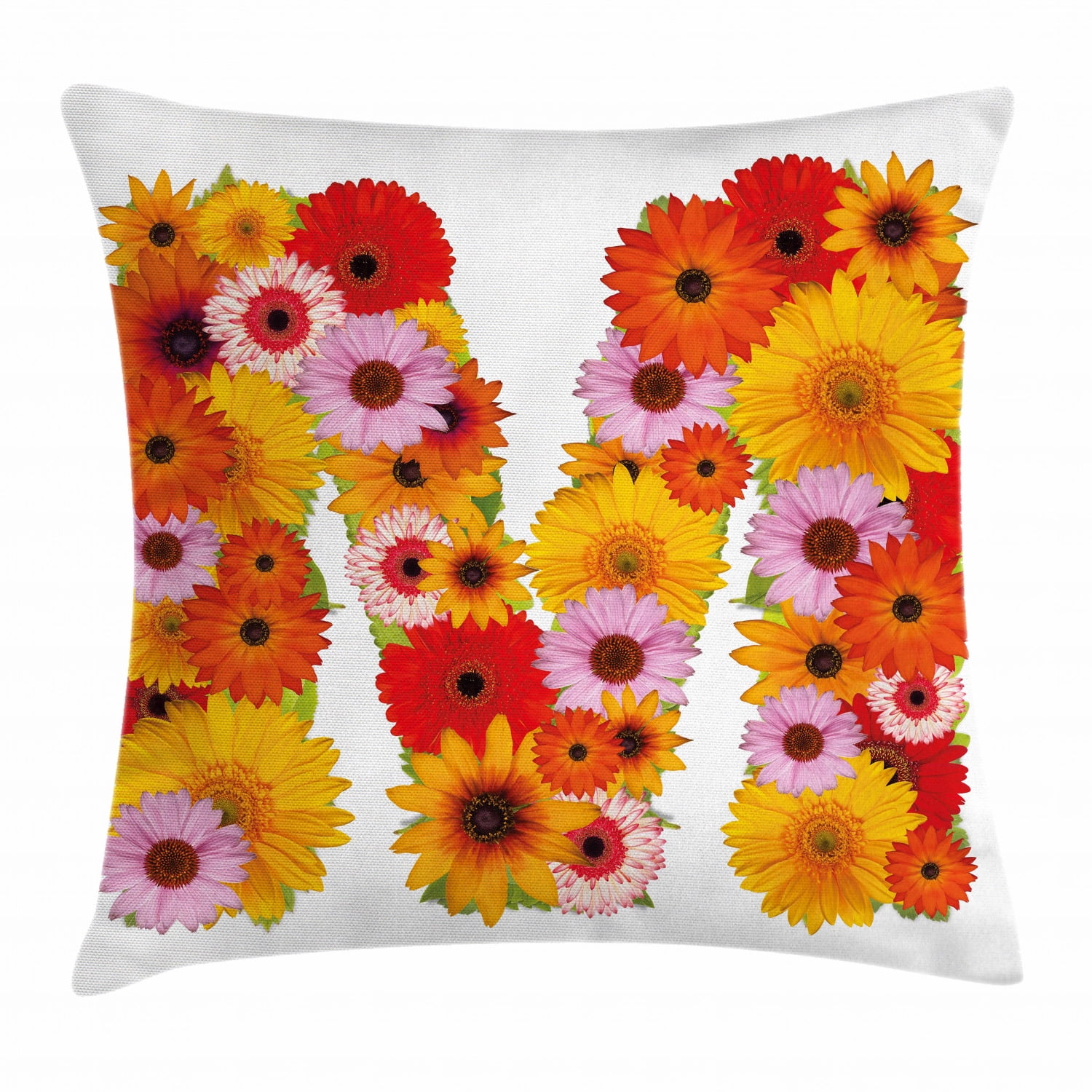 Letter M Throw Pillow Cushion Cover, Flower Alphabet with Gerbera Daisies Natural World Written