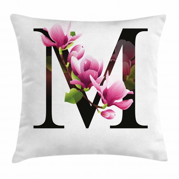 Letter M Throw Pillow Cushion Cover, Magnolia Florets Dignity and Nobility Expressing Flowers in Alphabet Design, Decorative Square Accent Pillow Case, 16 X 16 Inches, Pink Green Black, by Ambesonne