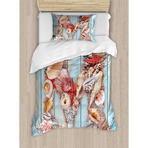 Letter M Twin Size Duvet Cover Set, Aquatic Inspirations with a Wooden Background Ocean Pale Colored, Decorative 2 Piece Bedding Set with 1 Pillow Sham, Pale Blue Ivory Dark Coral, by Ambesonne