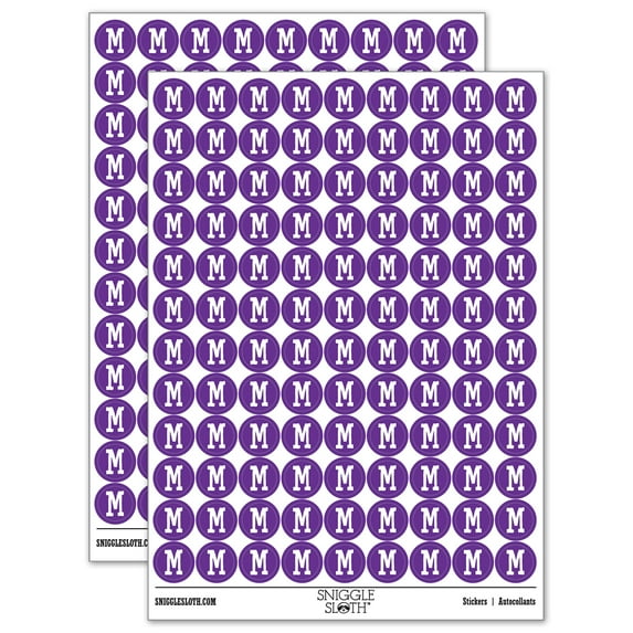 Letter M Uppercase Cute Typewriter Font 200+ Round Stickers - Purple - Gloss Finish - 0.50" Size
