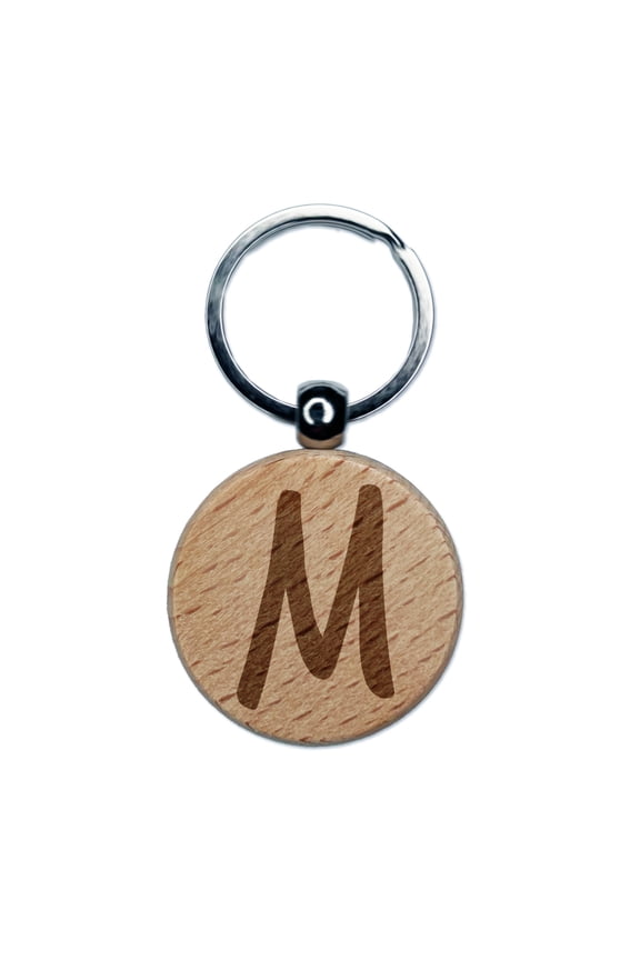 Letter M Uppercase Felt Marker Font Round Keychain Charm Tag - Engraved Wood