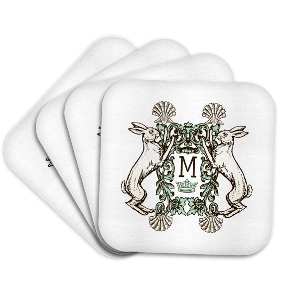 3drose, Letter M- White Rabbits Monogram with Shells and Crown, Set of 4 Coasters - Soft
