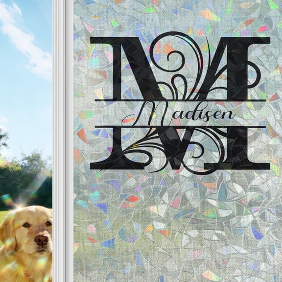 Letter M Window Privacy Film Stain Glass, Reusable Decorative Rainbow Window Film, Monogram Words Non-Adhesive Static Cling Sun Blocking Stickers Decals Covers 19.6" x 39.3" (2pcs)