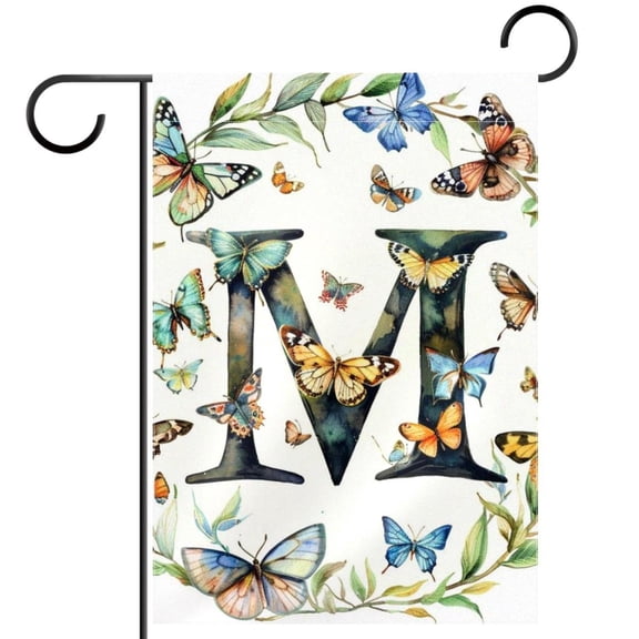 Letter M with Wreath Butterflies Watercolor Pattern Garden Flag Double Sided House Flag for Outdoor Home, Personalized All Year Round Yard Decor 12 x 18 Inch
