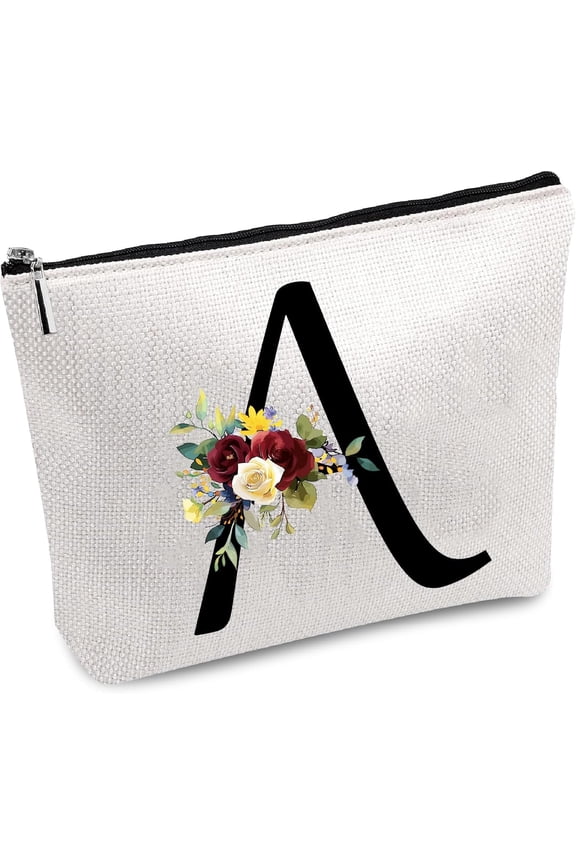 Letter A Makeup Bag Canvas Monogrammed Cosmetic Bag Multi Purpose Pen Case Zipper Toiletry Travel Bag Case Purse Pouches Portable Survival Kit for DIY Women Friends Teacher Gifts 10x7Inch