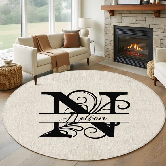 Letter N 8' Round Area Rug, Monogram Words Washable Non-Slip Large Circle Rugs for Living Room Bedroom, Soft Low Pile Rug Carpet for Dining Room Kitchen Farmhouse