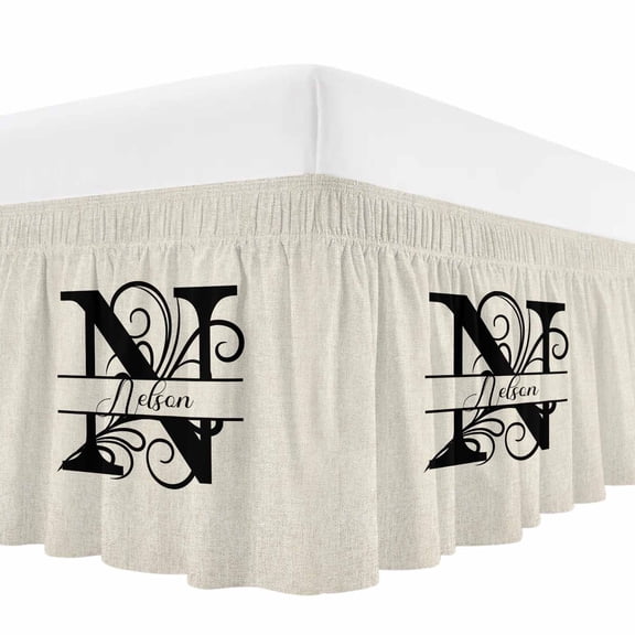Letter N Bed Skirt Cal King Size, Monogram Words Wrap Around Bed Skirting with Adjustable Elastic Strap, Dust Ruffled Pleated Bedskirts 18 Inch Drop for Bedroom Cal King Beds