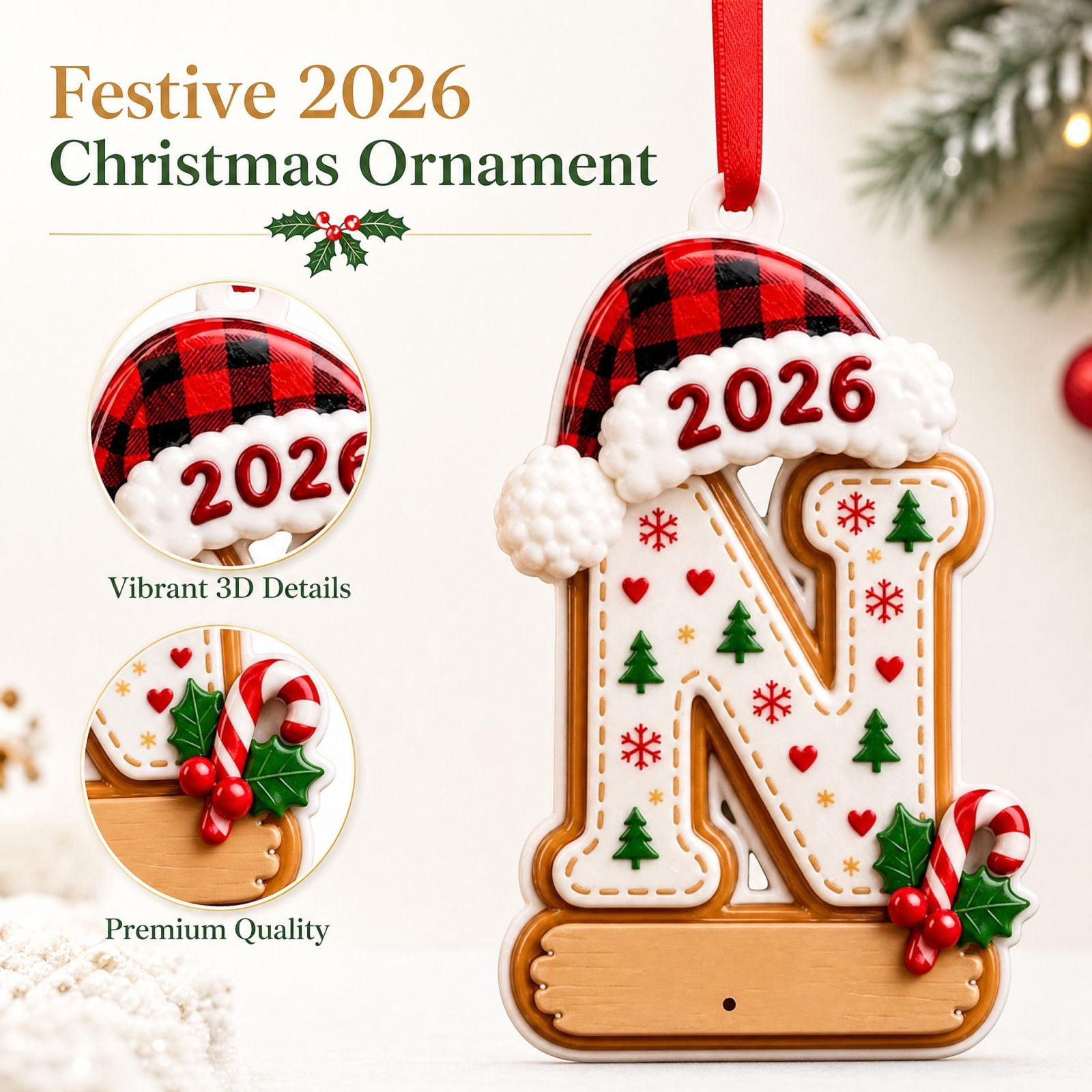 Letter N Christmas Ornament with 2026 Gingerbread Design and Plaid Hat ...