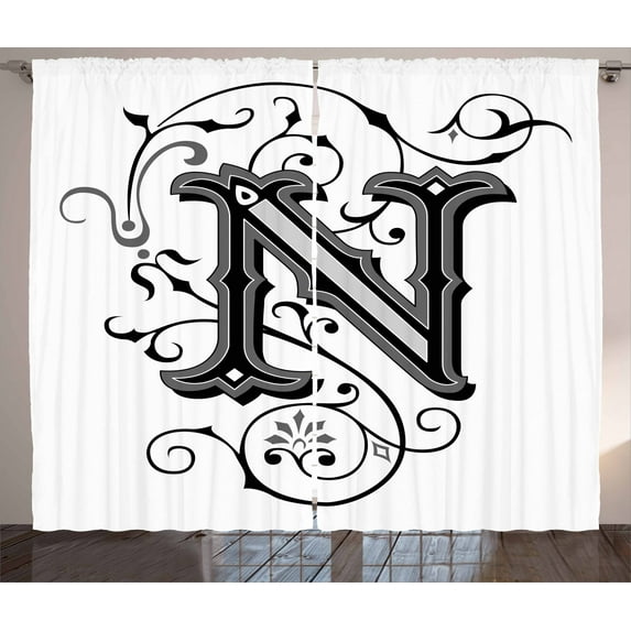 Ambesonne Letter N Curtains 2 Panel Set, Dark Color Palette N, 108" x 90", Black Grey White