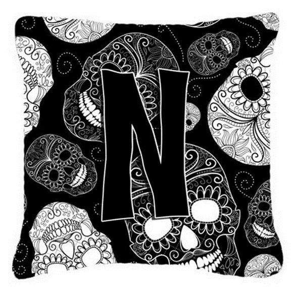 Letter N Day Of The Dead Skulls Black Canvas Fabric Decorative Pillow