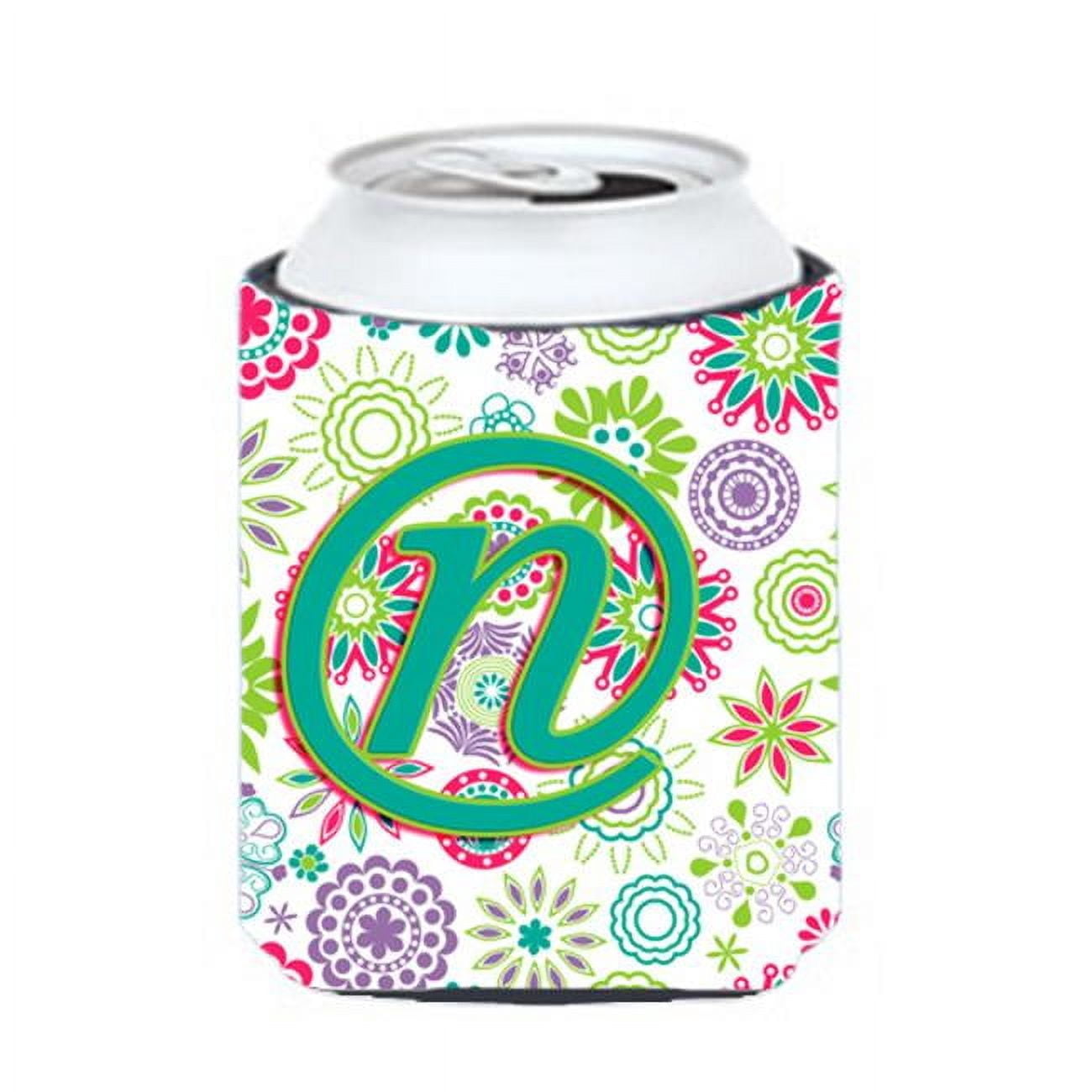 Letter N Flowers Pink Teal Green Initial Can or Bottle Hugger