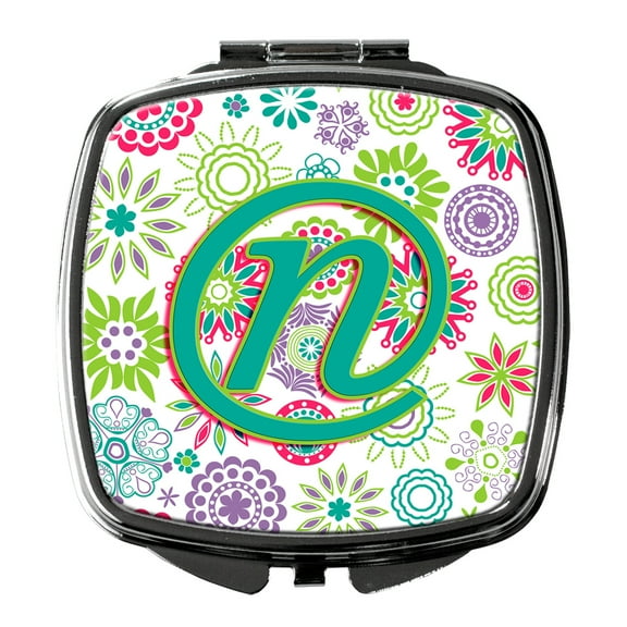 Letter N Flowers Pink Teal Green Initial Compact Mirror CJ2011-NSCM