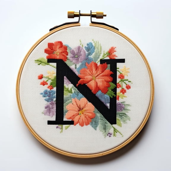Letter N in Flowers Stamped Cross Stitch Kits for Beginners Easy with Hoop 11CT Needlepoint Embroidery Counted Cross Stitch Kits Art Craft Wall Decoration 35x35cm(1)