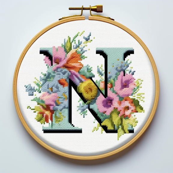 Letter N in Flowers Stamped Cross Stitch Kits for Beginners Easy with Hoop 11CT Needlepoint Embroidery Counted Cross Stitch Kits Art Craft Wall Decoration 35x35cm(3)