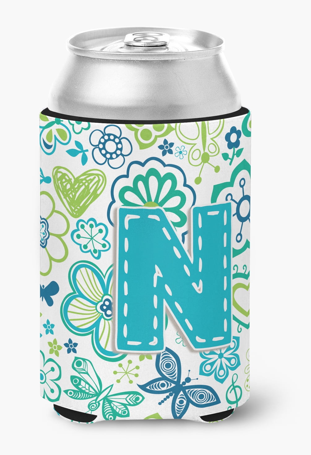Letter N Flowers and Butterflies Teal Blue Can or Bottle Hugger