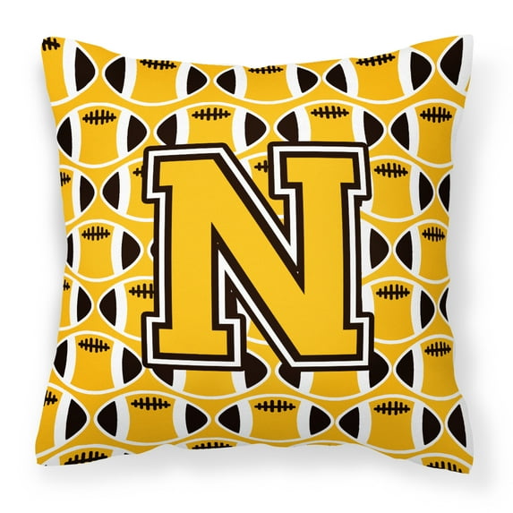 Letter N Football Black, Old Gold and White Fabric Decorative Pillow