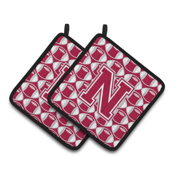 Letter N Football Crimson, grey and white Pair of Pot Holders