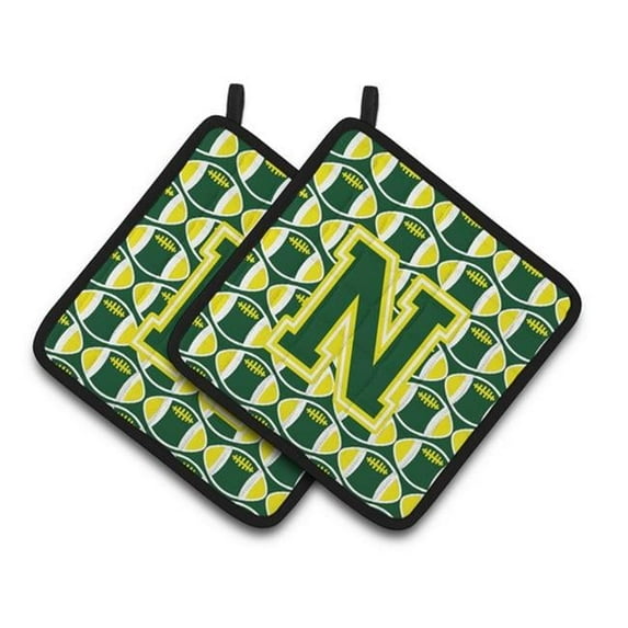 Letter N Football Green & Yellow Pair of Pot Holders - 7.5 x 3 x 7.5 in.