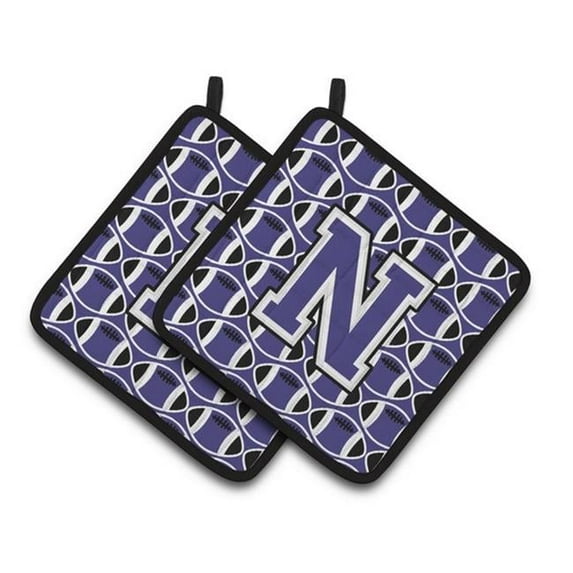 Letter N Football Purple & White Pair of Pot Holders - 7.5 x 3 x 7.5 in.