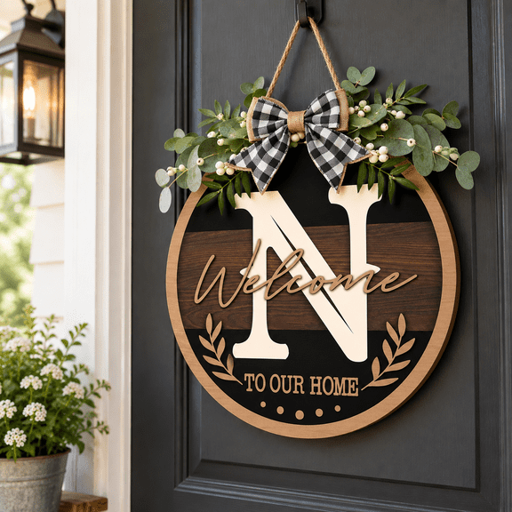 Letter N Front Door Hanging Sign, Rustic Wooden Plaque for Home Decor
