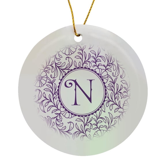 3drose, Letter N in Circle over Swirly Floral Pattern in Purple and White, Circle Porcelain Ornament