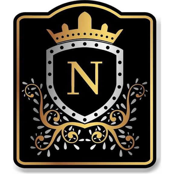 Letter N Initial Fancy Gold Crown BLACK Aluminum Composite Sign 15''x18''