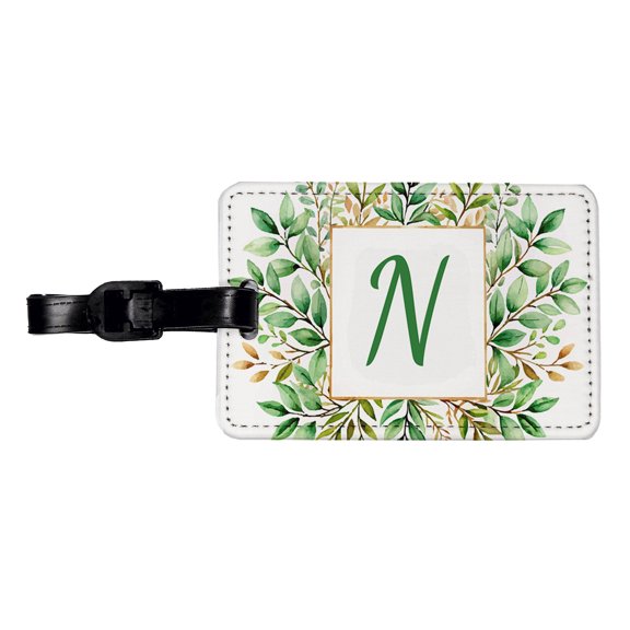 Letter N Initial Monogram Frame Leaf Faux Leather Travel Luggage Tag