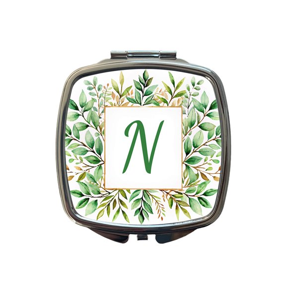 Letter N Initial Monogram Frame Leaf Travel Makeup Handbag Purse Small Pocket Compact Mirror