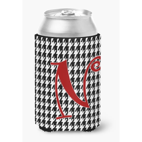 Letter N Initial Monogram - Houndstooth Black Can or Bottle Hugger