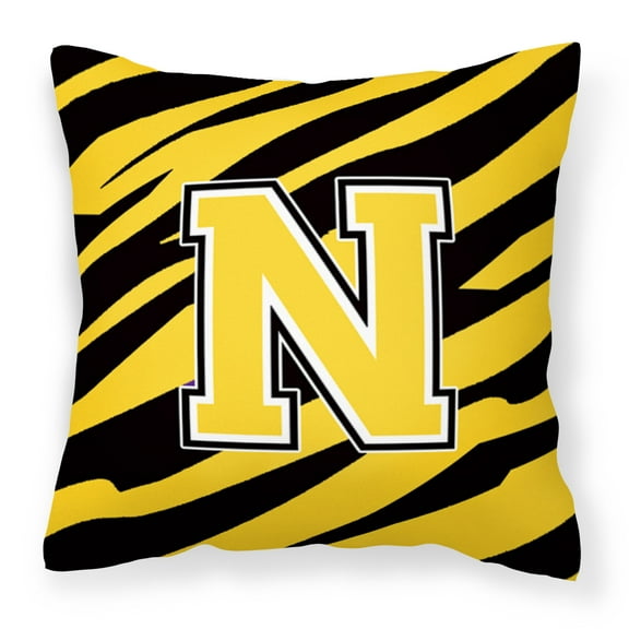 Letter N Initial Tiger Stripe - Black Gold  Fabric Decorative Pillow