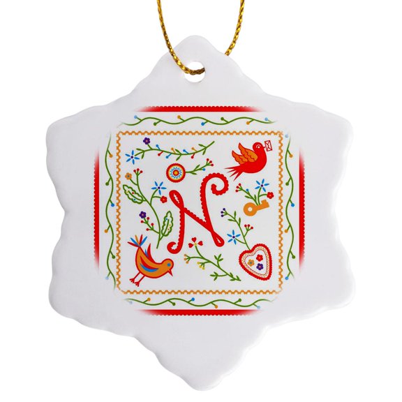 Letter N Monogram Inpired By Portuguese Love Handkerchiefs Tradition, 3 inch Snowflake Porcelain Ornament
