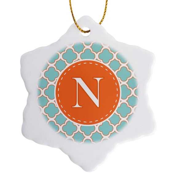 Letter N Monogram Orange And Blue Quatrefoil Pattern, 3 inch Snowflake Porcelain Ornament